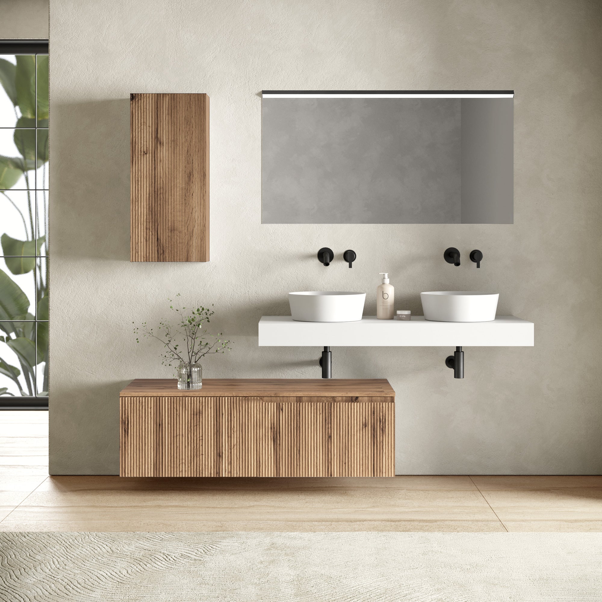 Composizione doppio lavabo 6 pezzi EUPORIA-21 | Bianco/Quercia
