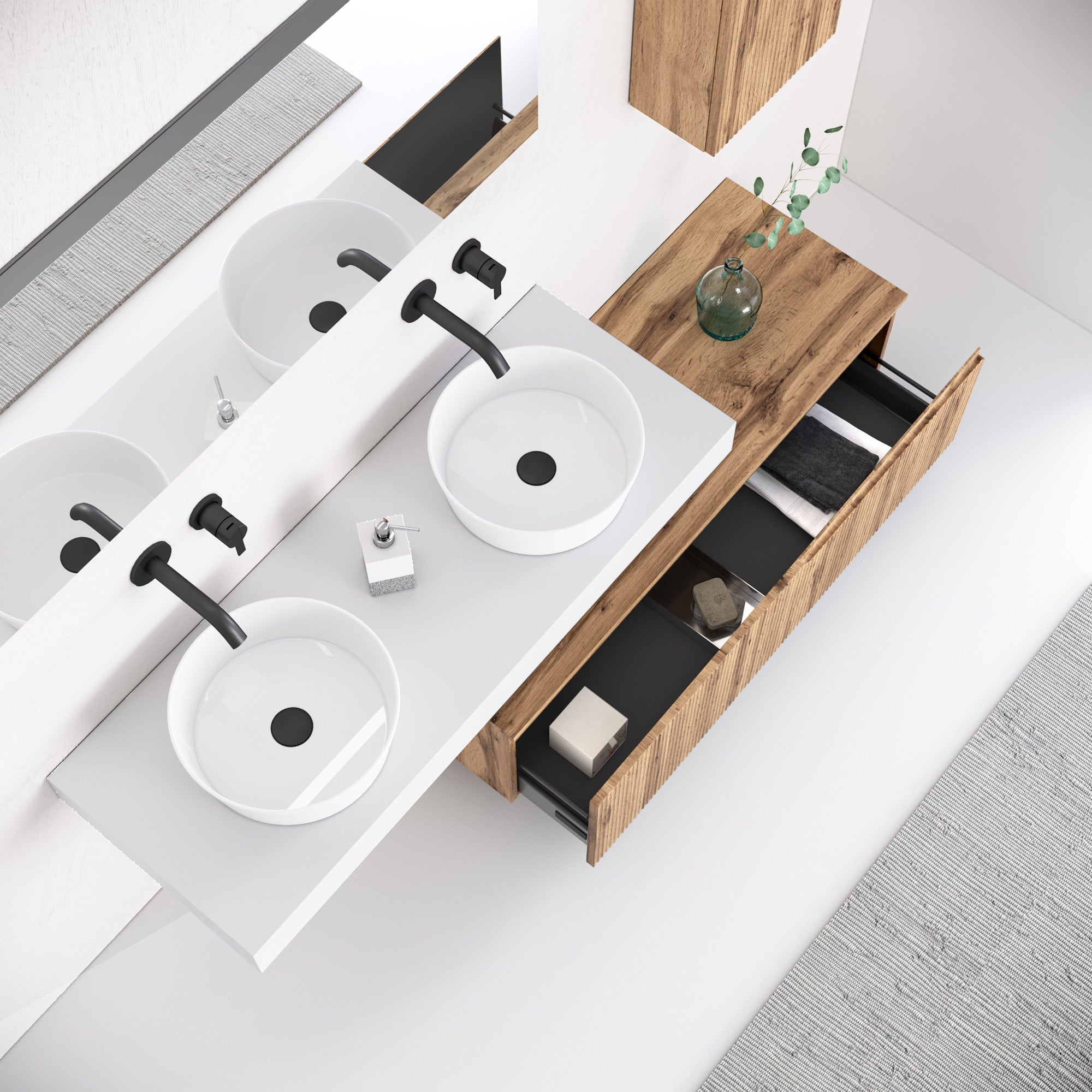 Composizione doppio lavabo 6 pezzi EUPORIA-21 | Bianco/Quercia