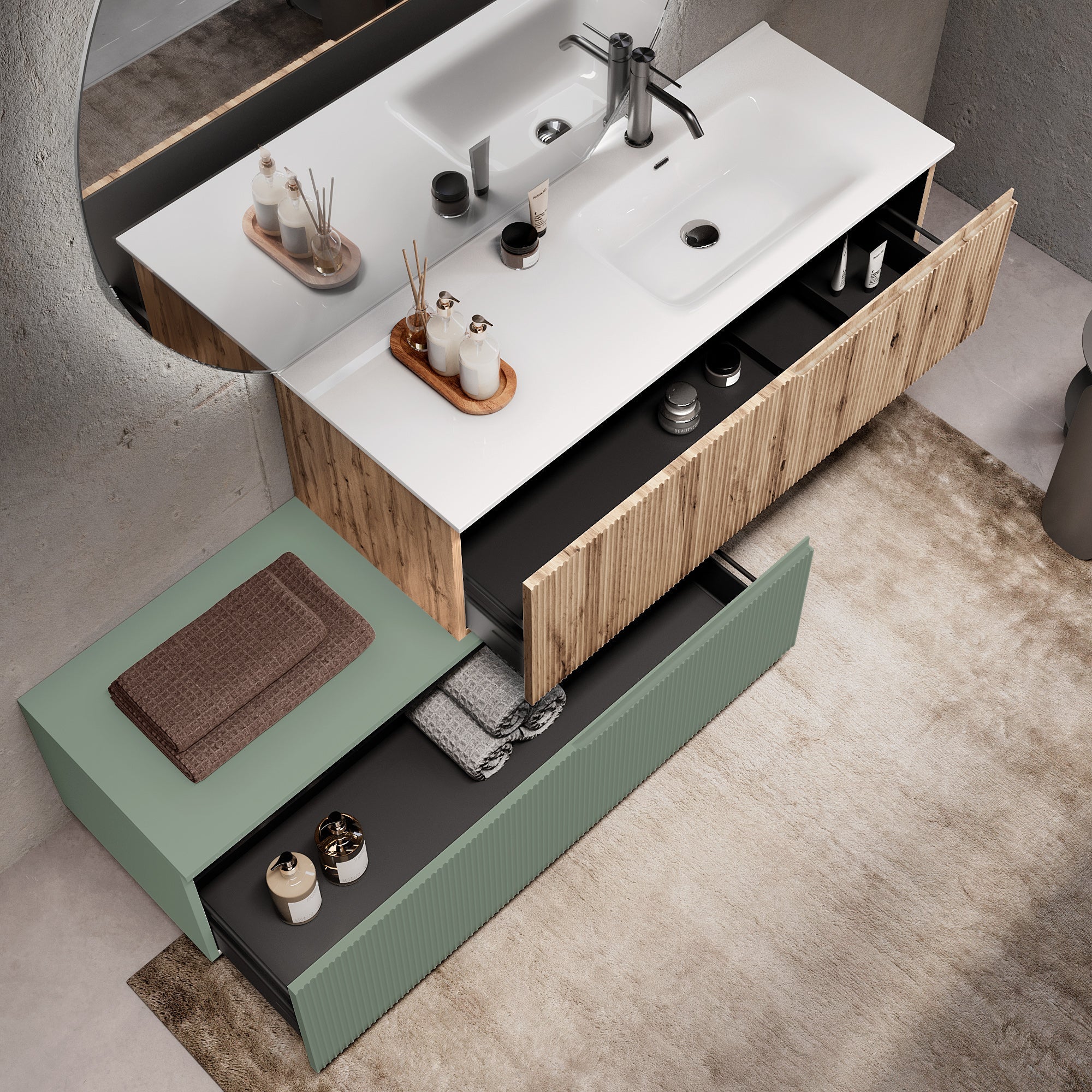 Composizione vasca DX 4 pezzi EUPORIA-54 | Quercia/Verde salvia