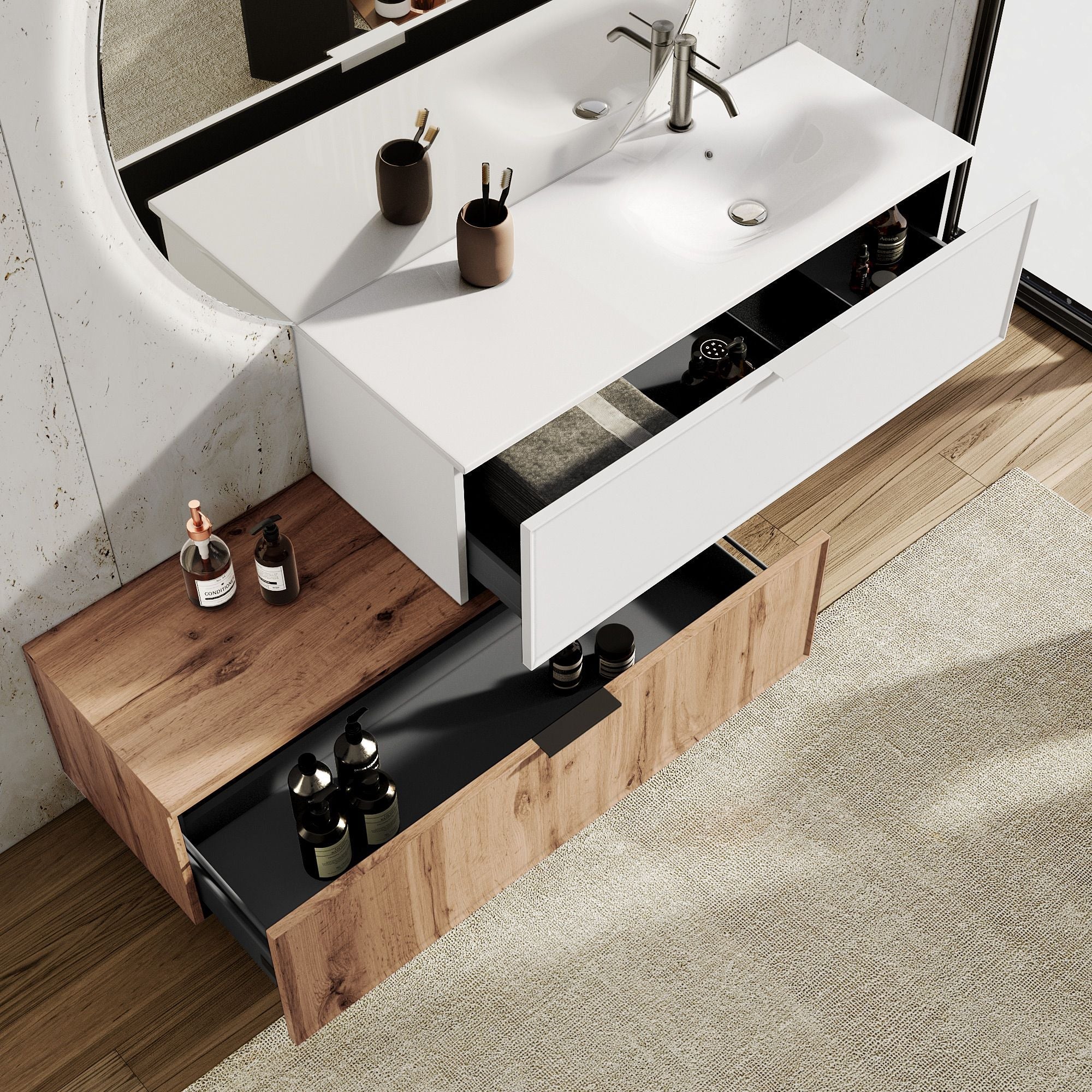 Composizione vasca DX 4 pezzi ATLAS | Bianco/| Quercia