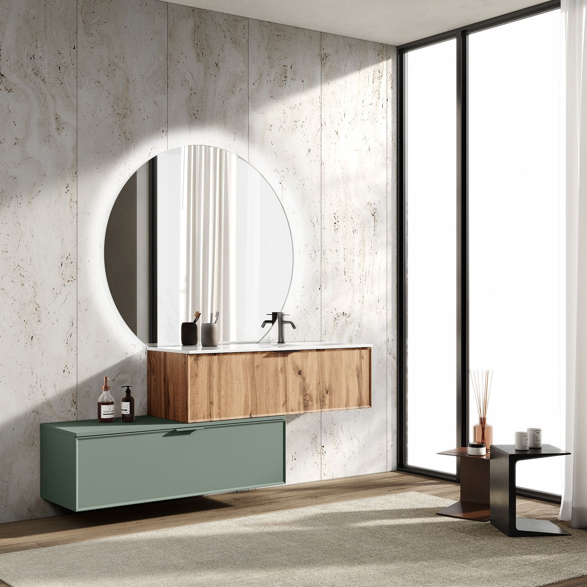Composizione vasca DX 4 pezzi ATLAS | Quercia/| Verde salvia