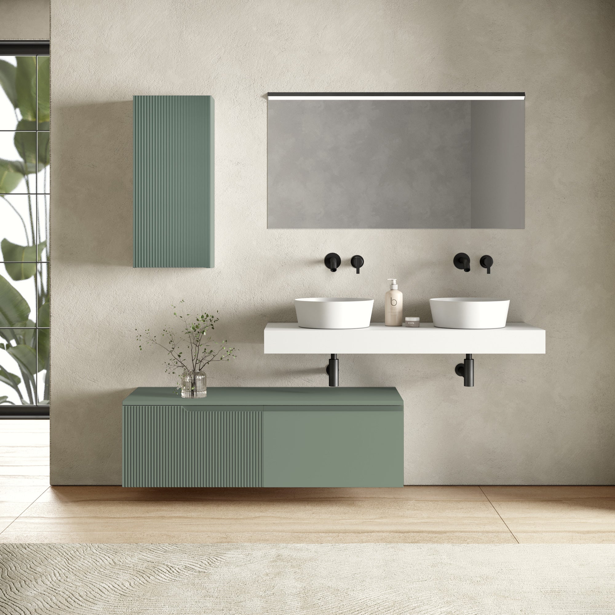 Composizione doppio lavabo 7 pezzi EUPORIA-20 | Bianco/Verde salvia