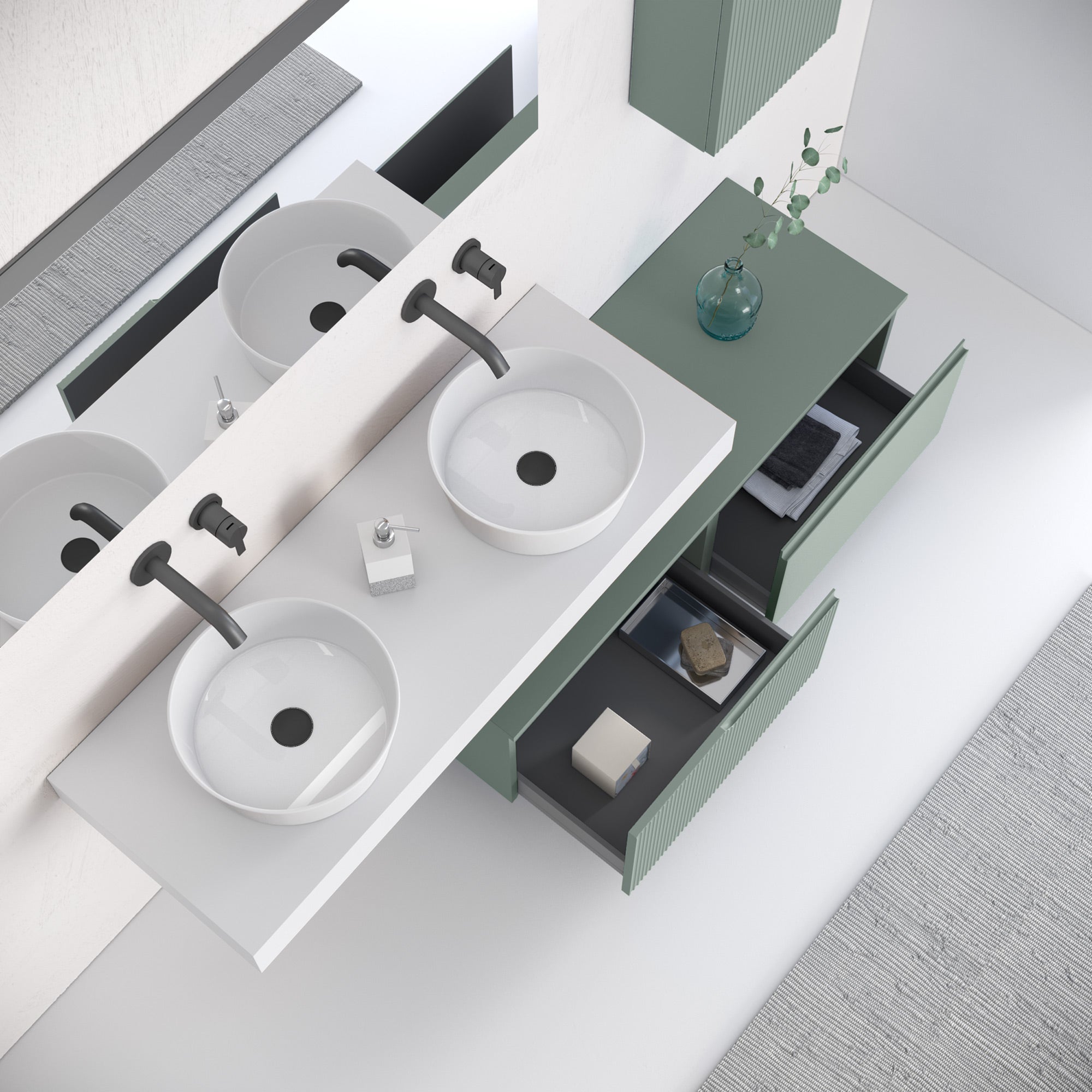 Composizione doppio lavabo 7 pezzi EUPORIA-20 | Bianco/Verde salvia