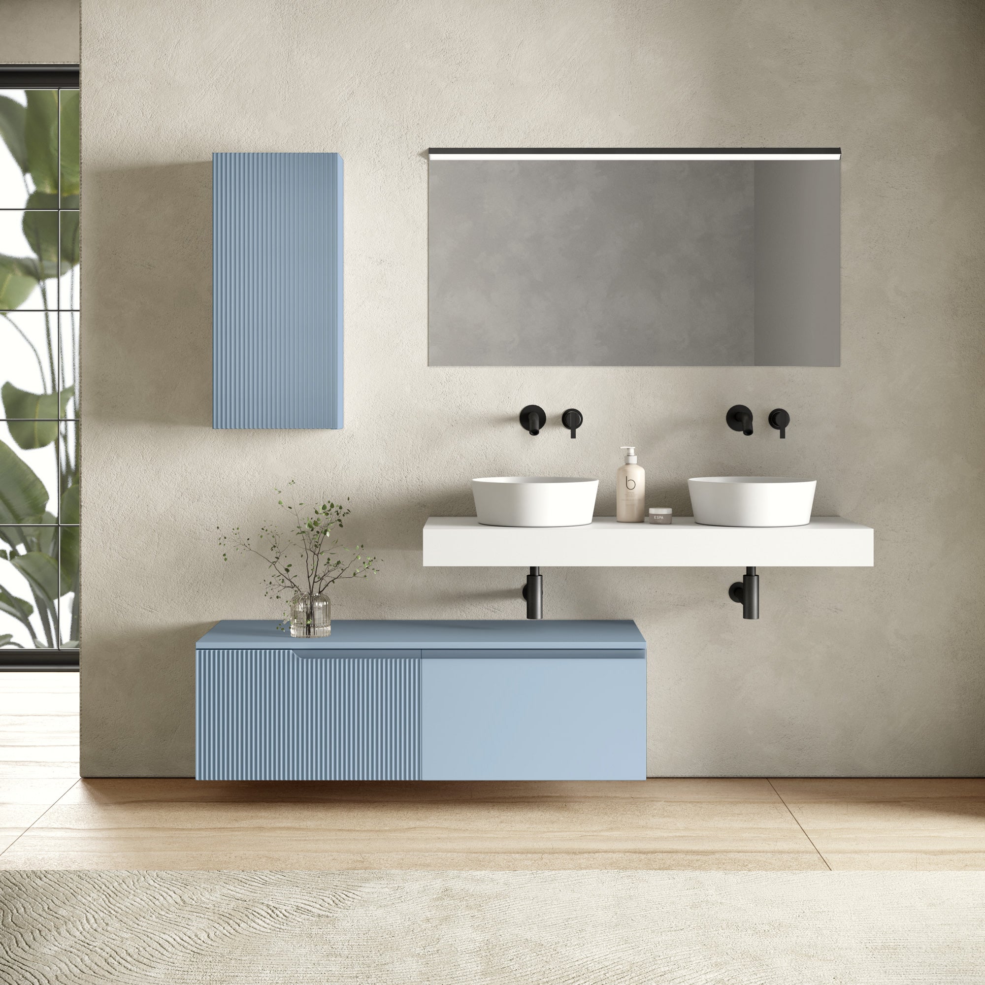 Composizione doppio lavabo 7 pezzi EUPORIA-20 | Bianco/Azzurro tiffany