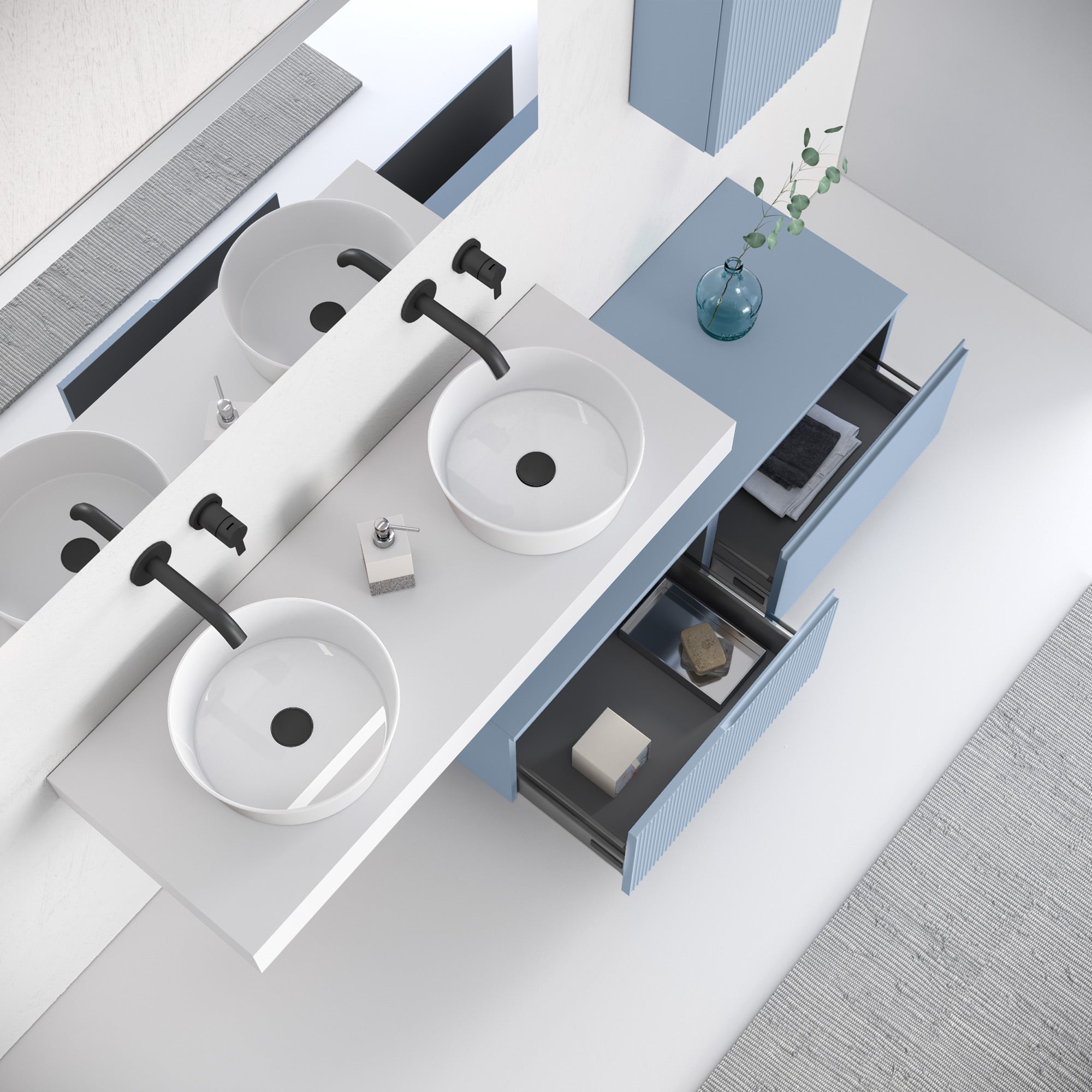Composizione doppio lavabo 7 pezzi EUPORIA-20 | Bianco/Azzurro tiffany