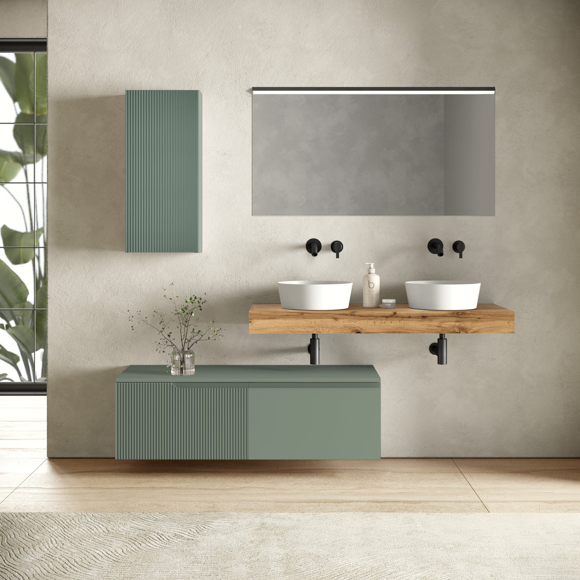 Composizione doppio lavabo 7 pezzi EUPORIA-20 | Quercia/Verde salvia