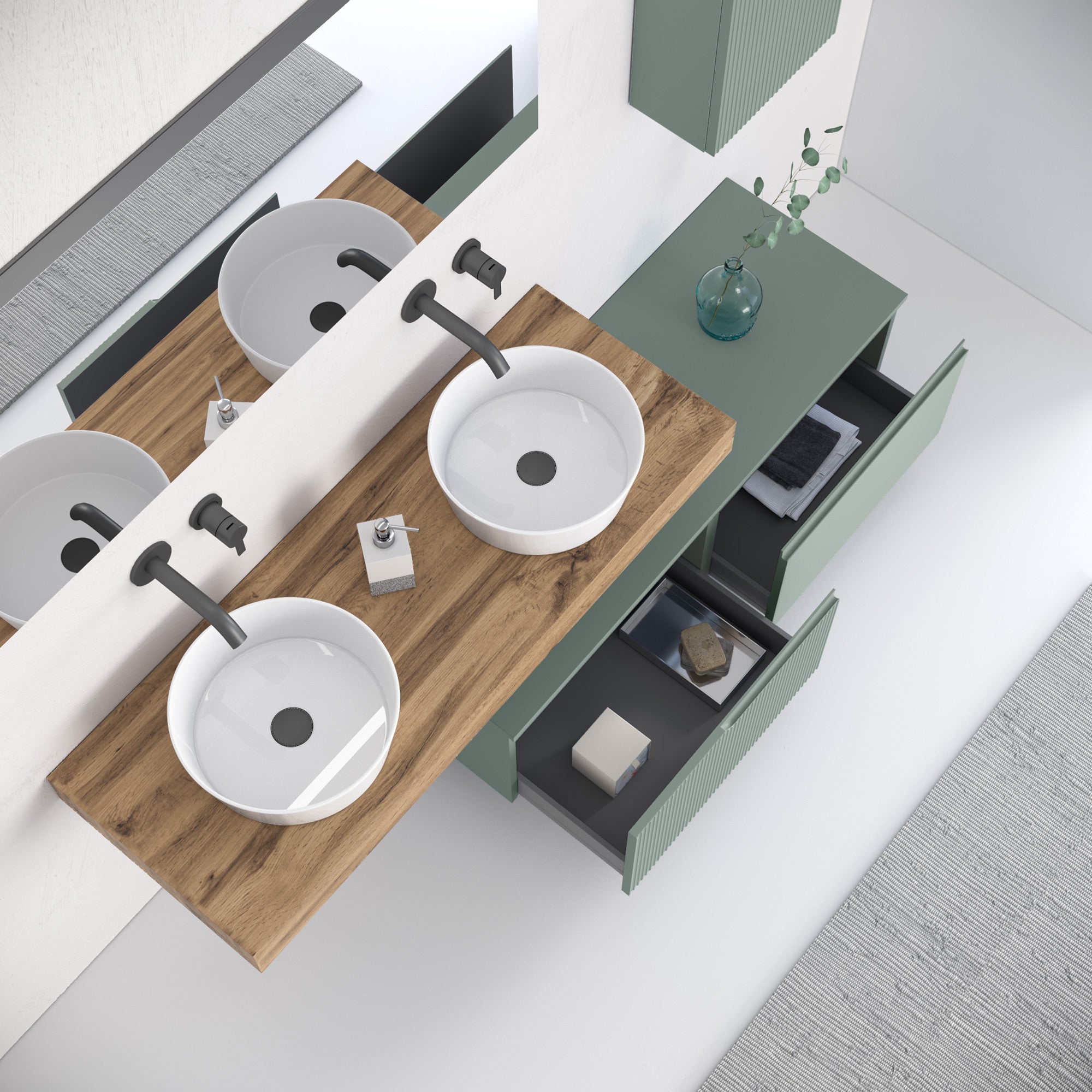 Composizione doppio lavabo 7 pezzi EUPORIA-20 | Quercia/Verde salvia