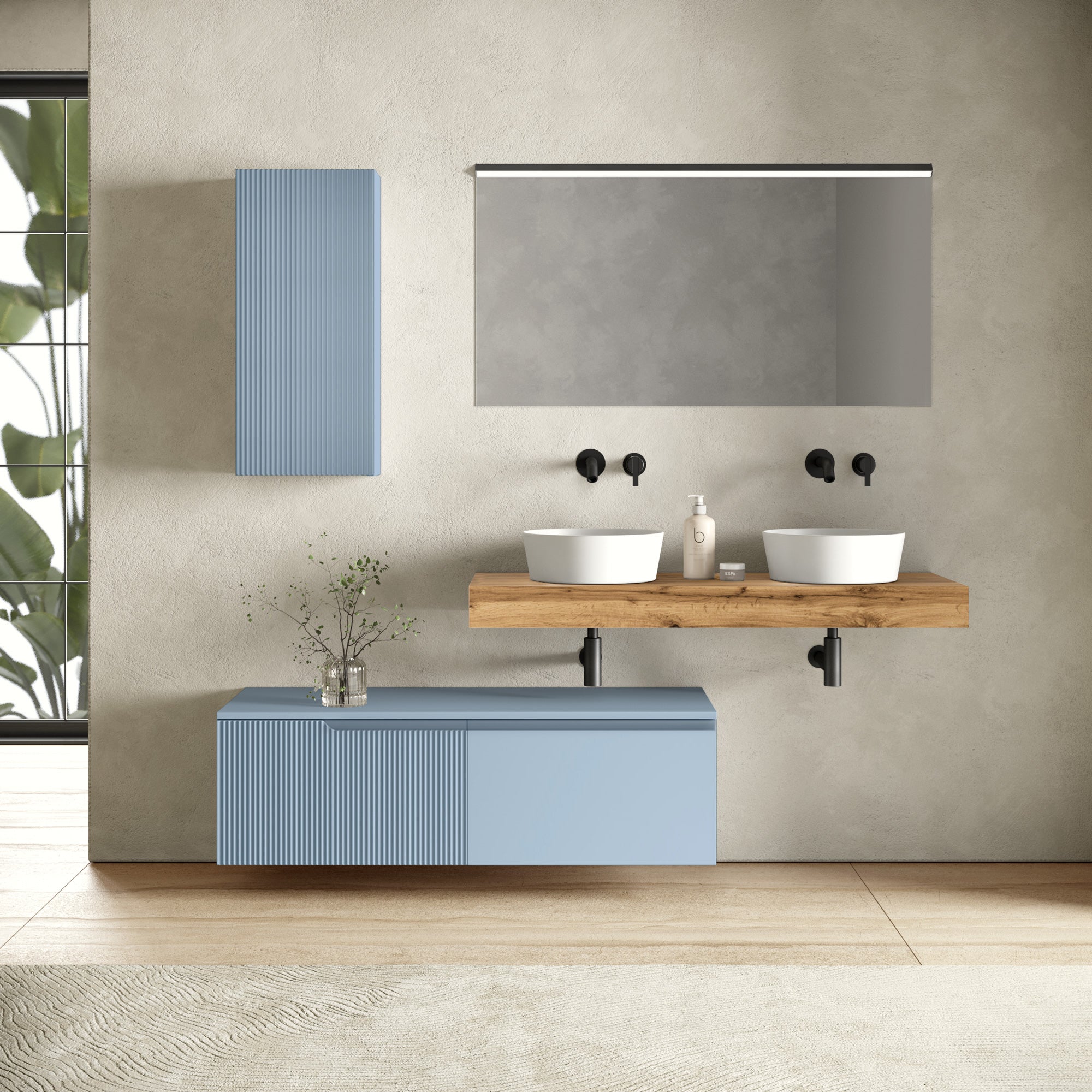 Composizione doppio lavabo 7 pezzi EUPORIA-20 | Quercia/Azzurro tiffany
