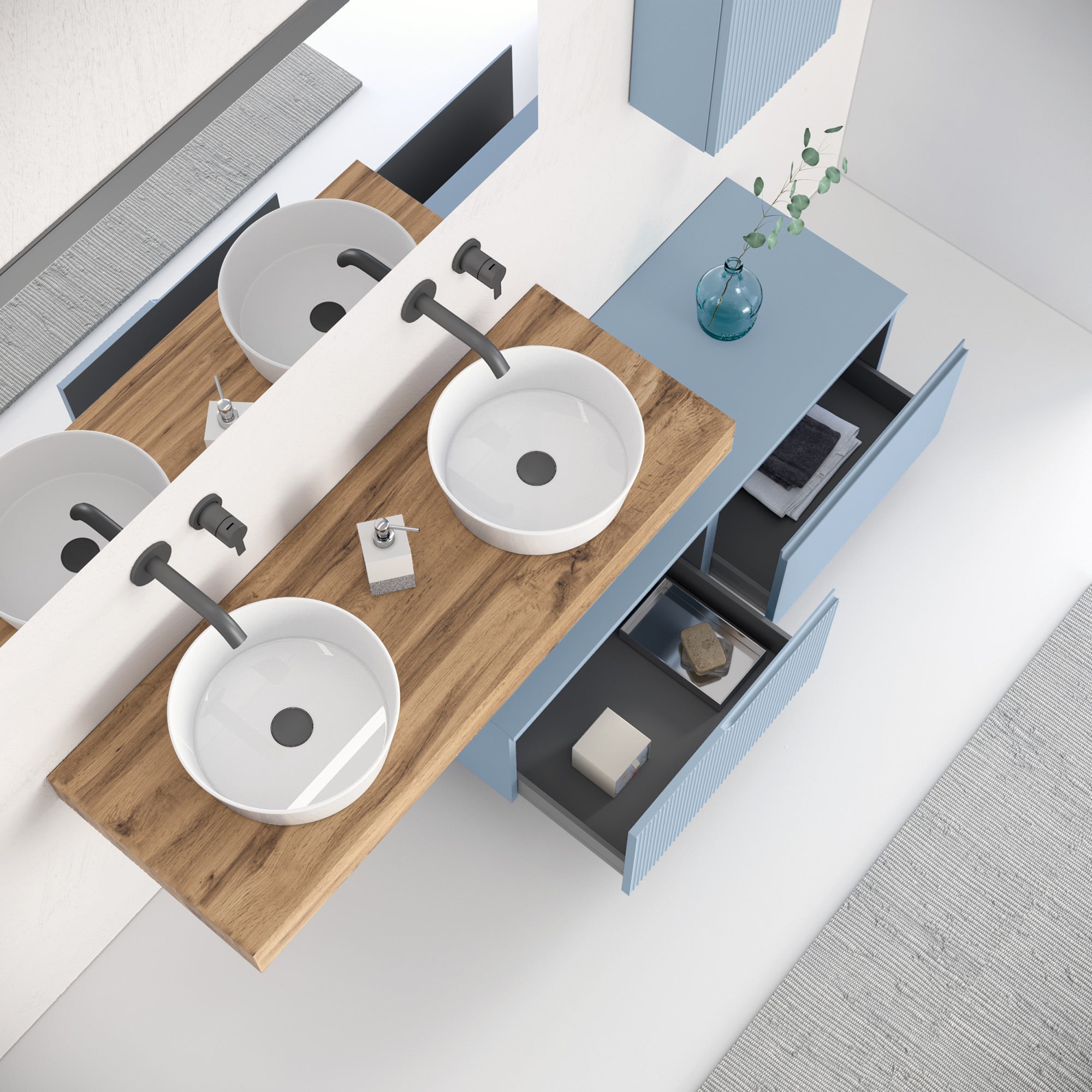 Composizione doppio lavabo 7 pezzi EUPORIA-20 | Quercia/Azzurro tiffany